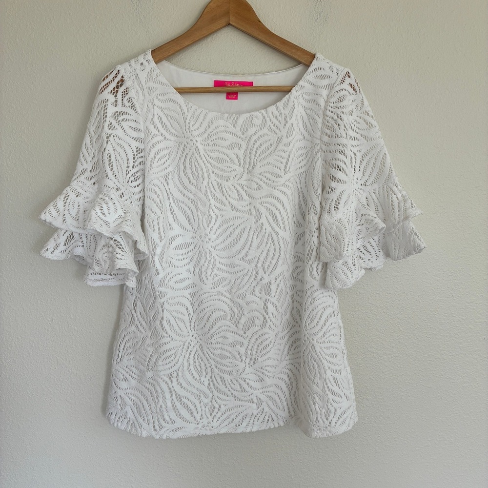 Lilly Pulitzer Lace Ruffle Sleeve Blouse Womens M White Eyelet Boat Neck Top